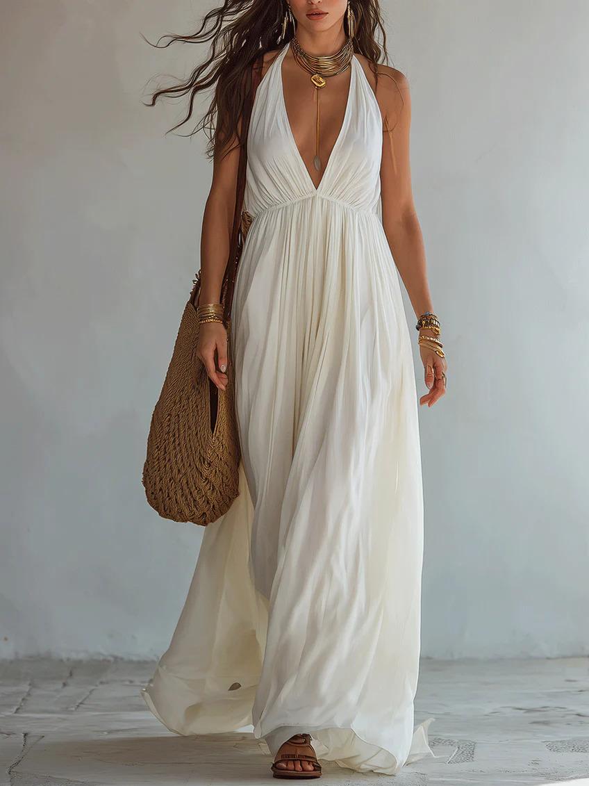Deep V-neck Halter Backless Dress For Women
