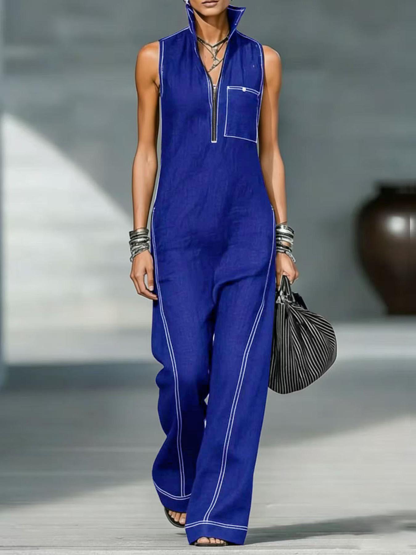 Womens Collarless Sleeveless Casual Loose Cotton-Linen Jumpsuit