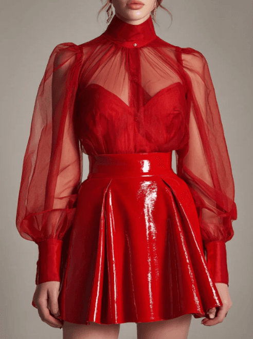 Sheer Mesh Puff Sleeve Blouse And Glossy Red Leather Mini Skirt Set