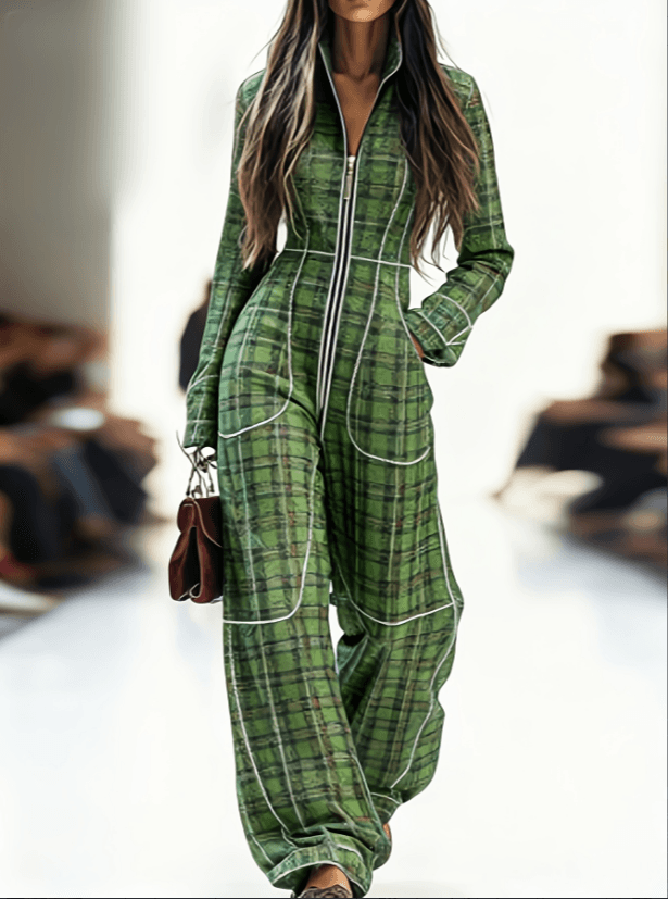 Zippered Long-sleeved Casual Wide-leg Jumpsuit