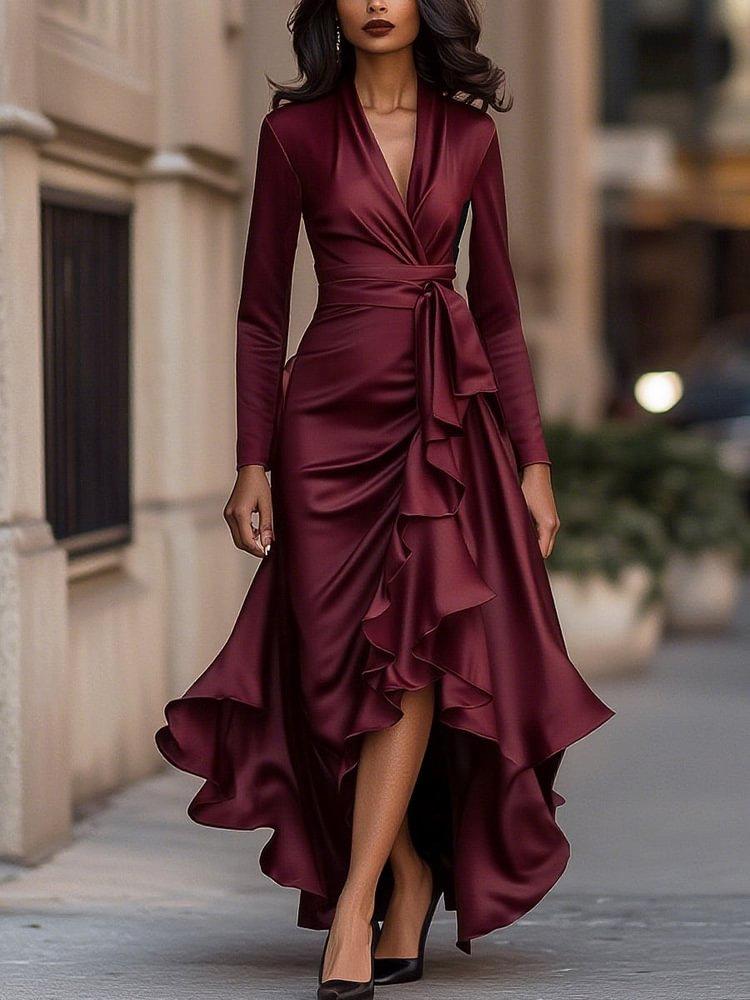 V-neck Waist Trimming Ruffles Elegant Dress