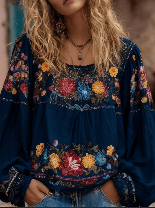 Square-neck Loose Lantern-sleeve Cotton And Linen Top