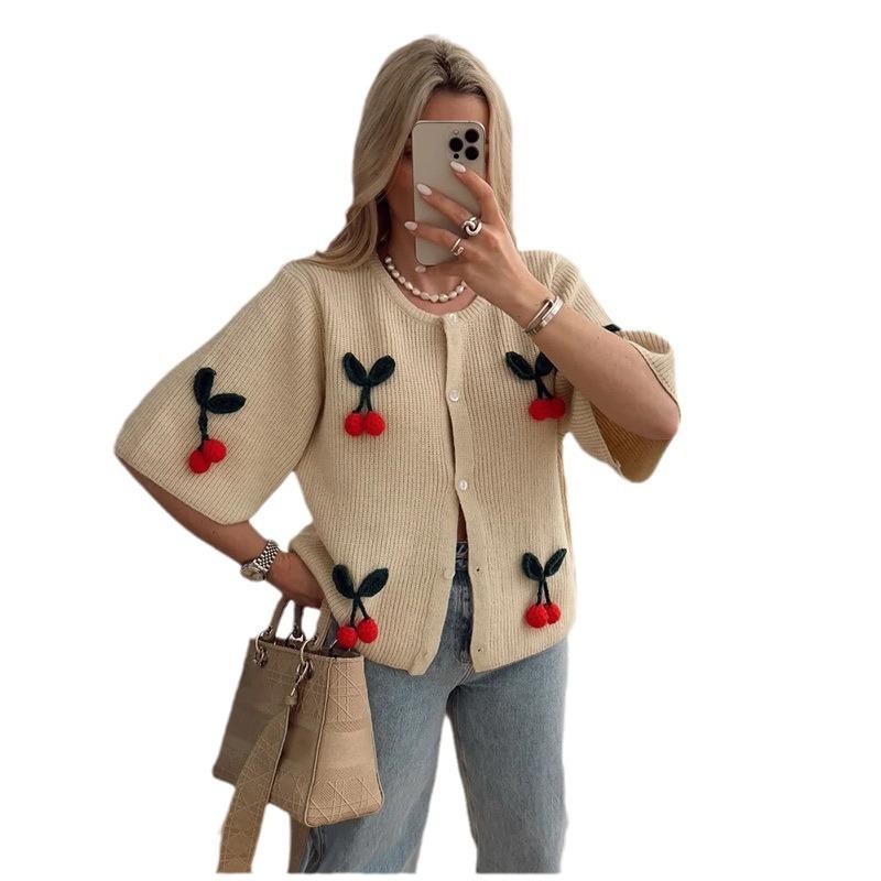 Three-dimensional Flower Round Neck Cardigan Knitted Short Sleeve