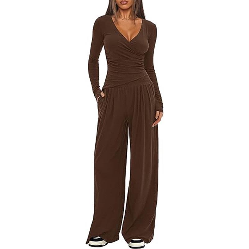 2 Pieces Women's V Neck Long-sleeve Sportswear Top And Wide-leg Pants Set Casual Comfortable Outfit Set For Daily Wear Gym Sports Outfit