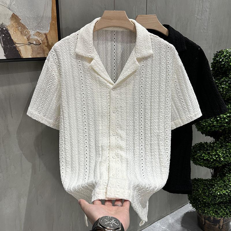 Men's Cool-Feel Cuban Collar Hollow-Out Short-Sleeve Shirt