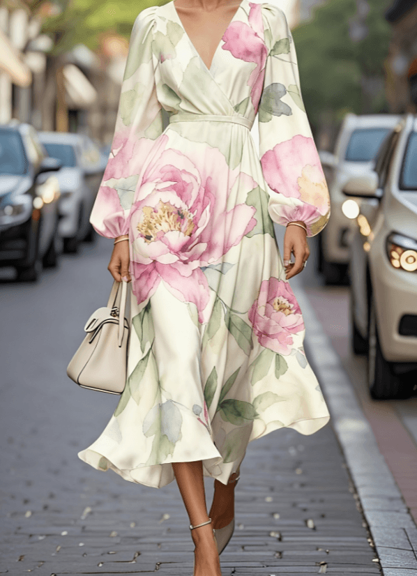 Floral Print V-neck Women's Puff Sleeve Midi Dress