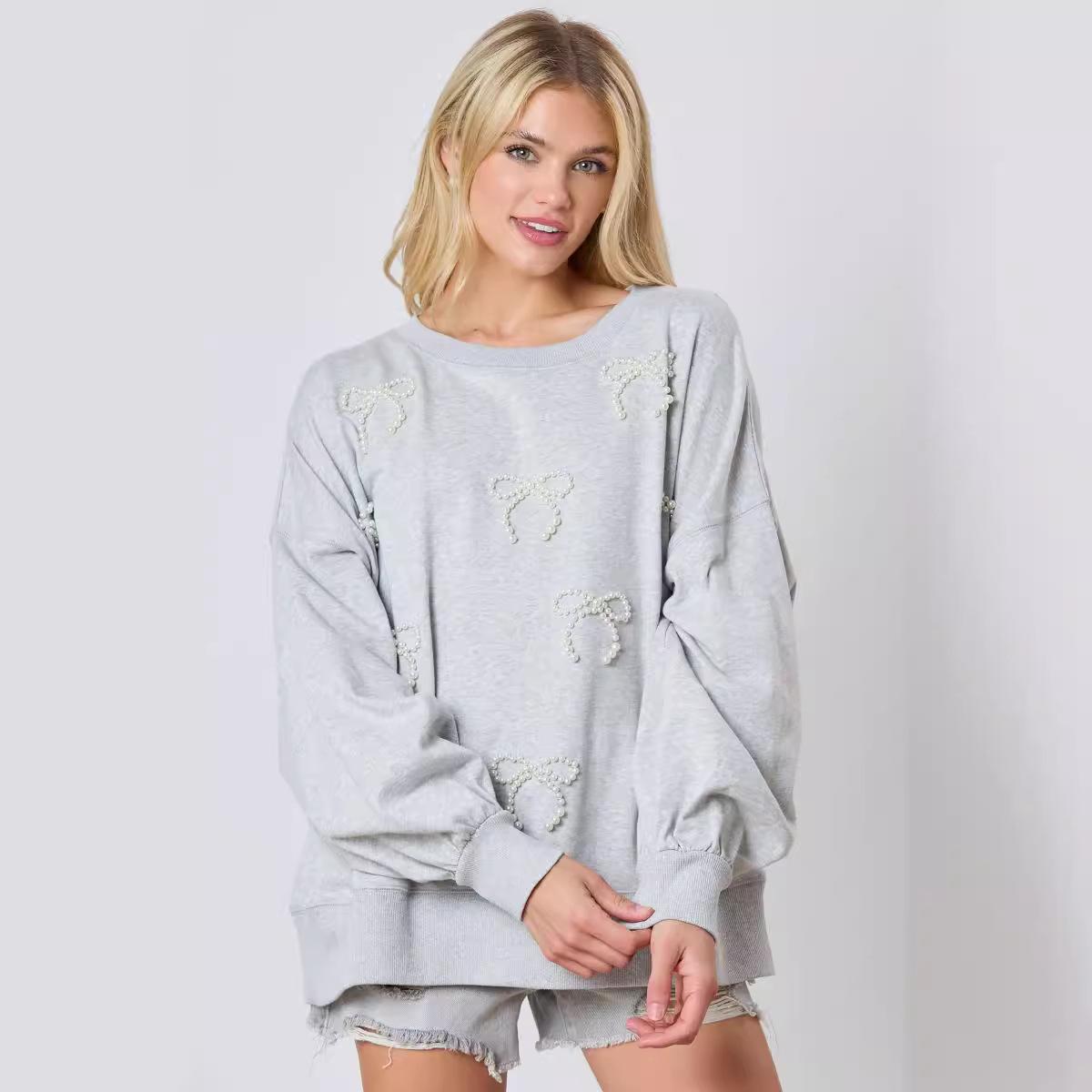 Autumn And Winter New European And American Pearls Bow Decoration Long-sleeved Sweater