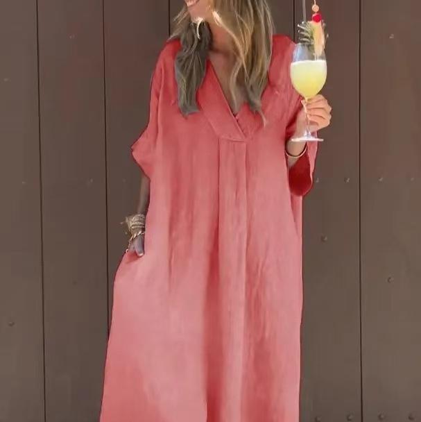 Washed Cotton Casual Short Sleeve V-neck Dress