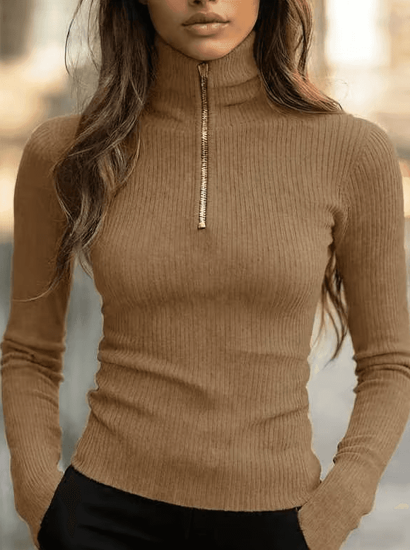 Women's American Retro Half-Zip High Neck Slim Fit Long Sleeve Knit Top