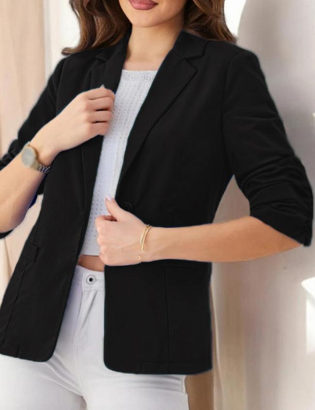 Three-quarter-sleeve Pleated Slim-fit Womens Office Blazer