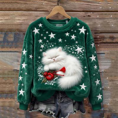 3D Digital Printed Flannel Christmas Women's Crew-Neck Sweater