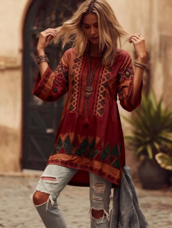Ethnic Patterned Round Neck Bell Sleeve Casual Top