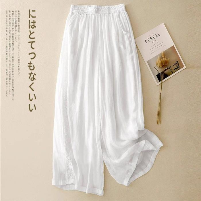 Embroidered Loose-fit Drapey Cotton-linen Pants