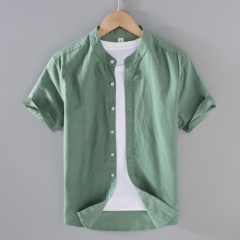 Solid-color Linen Shirt Mens Short-sleeve Casual Top