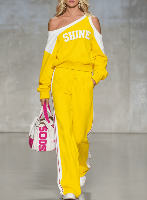 American Street-style Off-shoulder Letter Printed Color-block Hoodie And Wide-leg Pants Casual Sport Two-piece Set