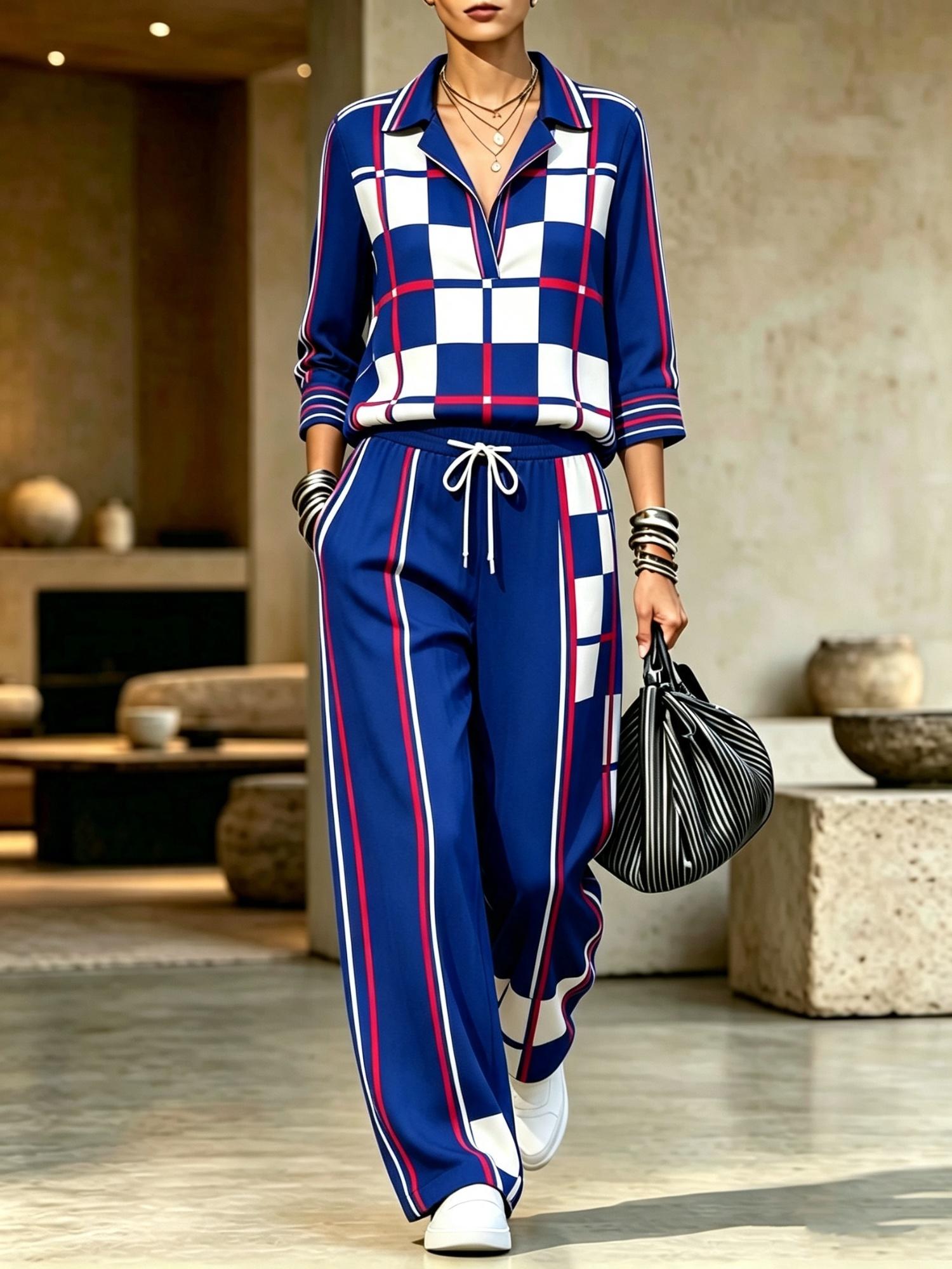 Womens Summer Lapel-Neck Cropped-Sleeve Set