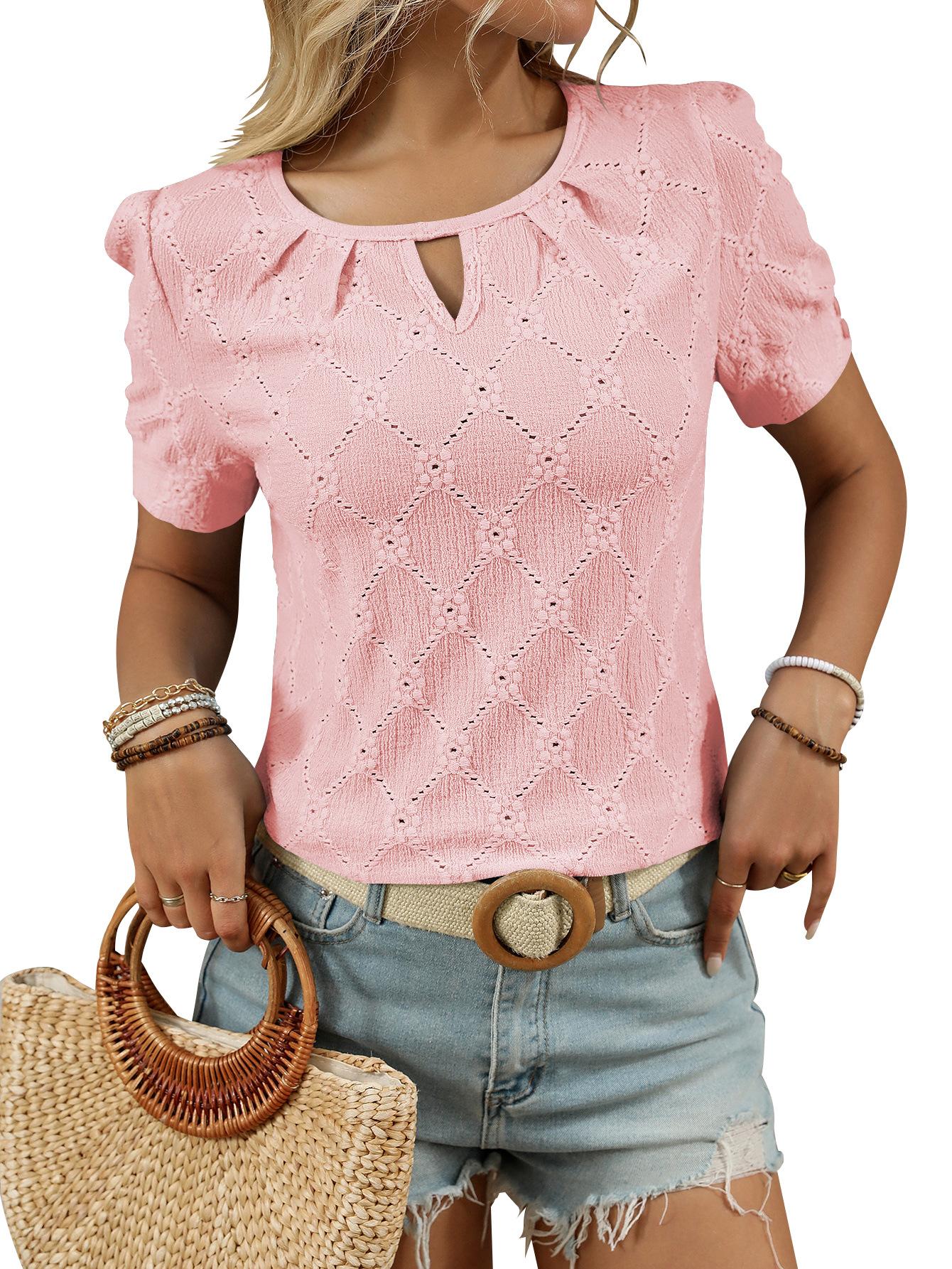 Solid-color Crewneck Button-front Short-sleeve Top For Women