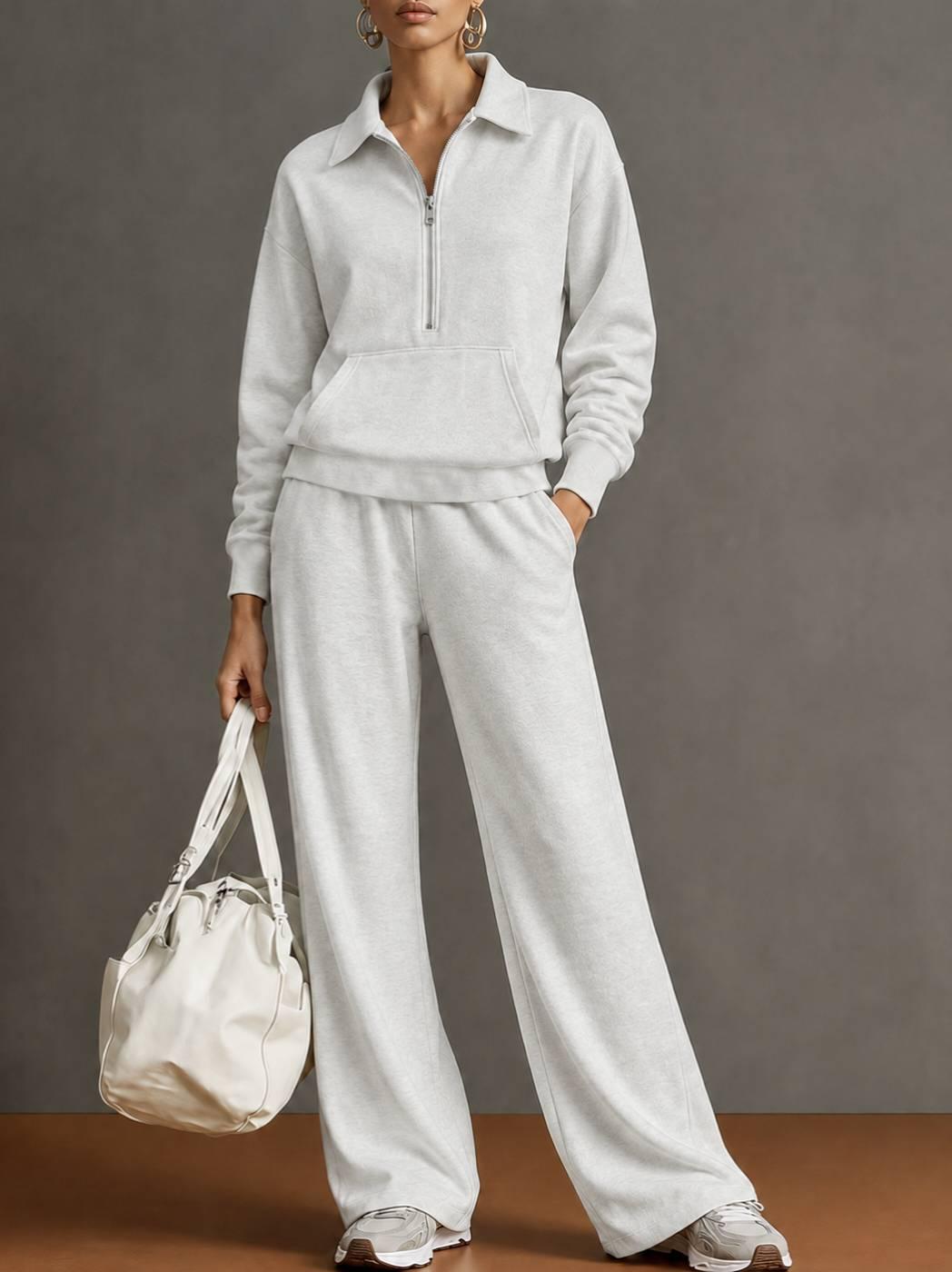 Womens Two-Piece Set Zip-Up Sweatshirt And Loose-Fitting Casual Wide-Leg Pants