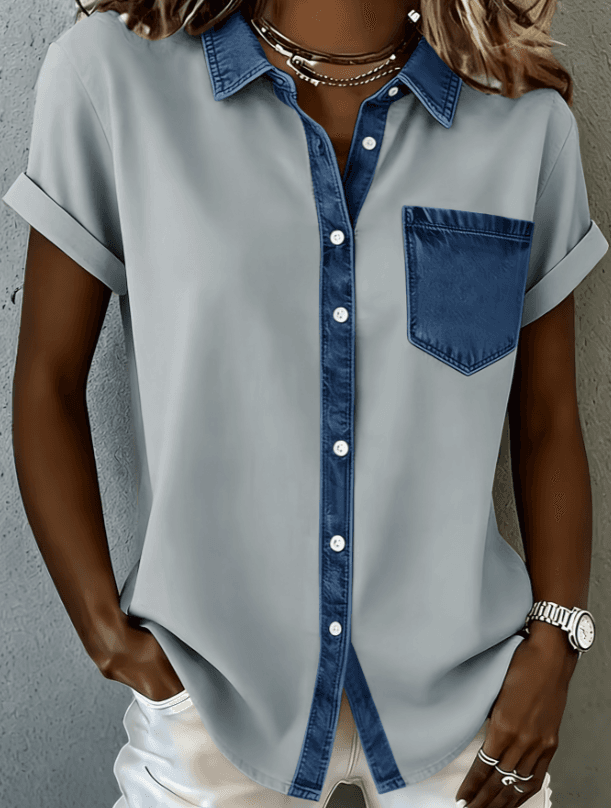 Casual Collared Button-down Color-blocked Pocket Short-sleeved Shirt For Women, Loose Fit, Suitable For Commuting.