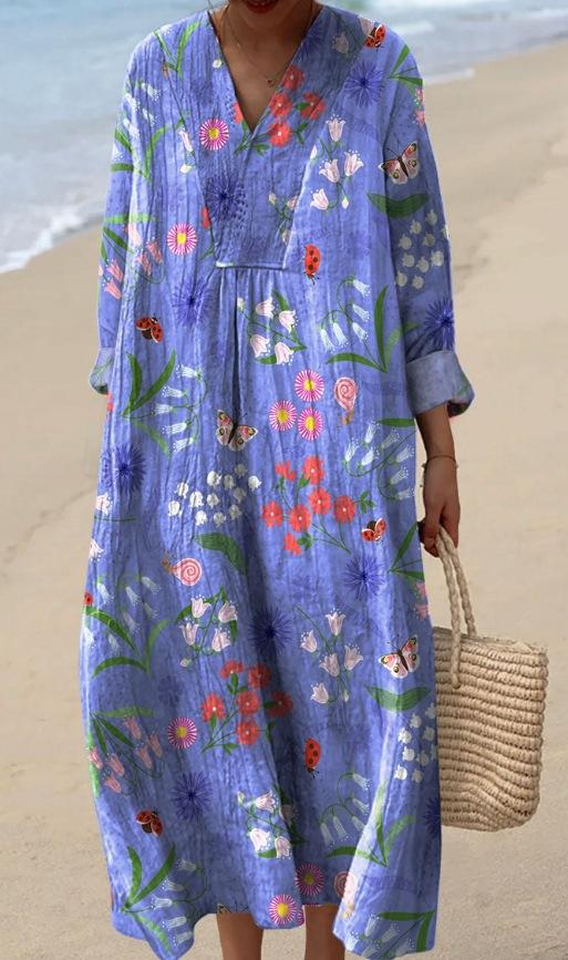 V-neck Digital Printing Pleated Large Version Dress