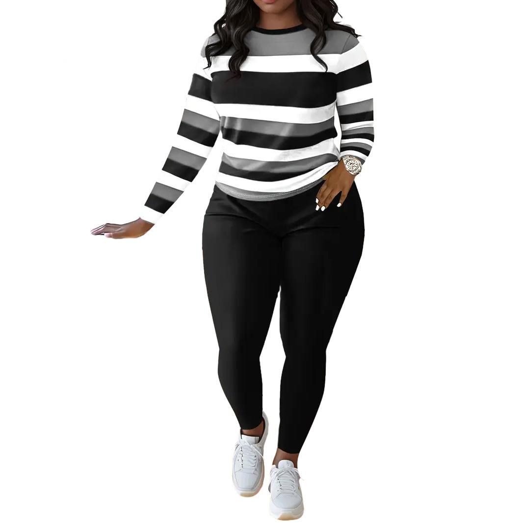 Stylish Striped Print Crew-neck Long-sleeve Pants Set