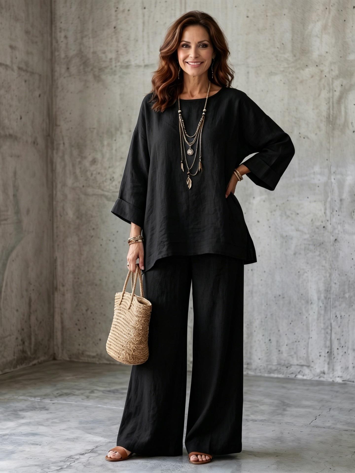 Women's Loose Round-Neck Shirt And Wide-Leg Pants Set