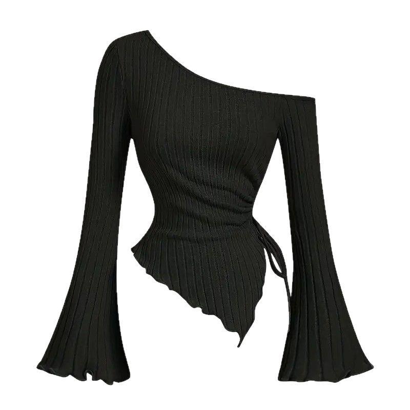 Design Sense Off-neck Long Sleeve Slim-fitting Simple Rope T-shirt