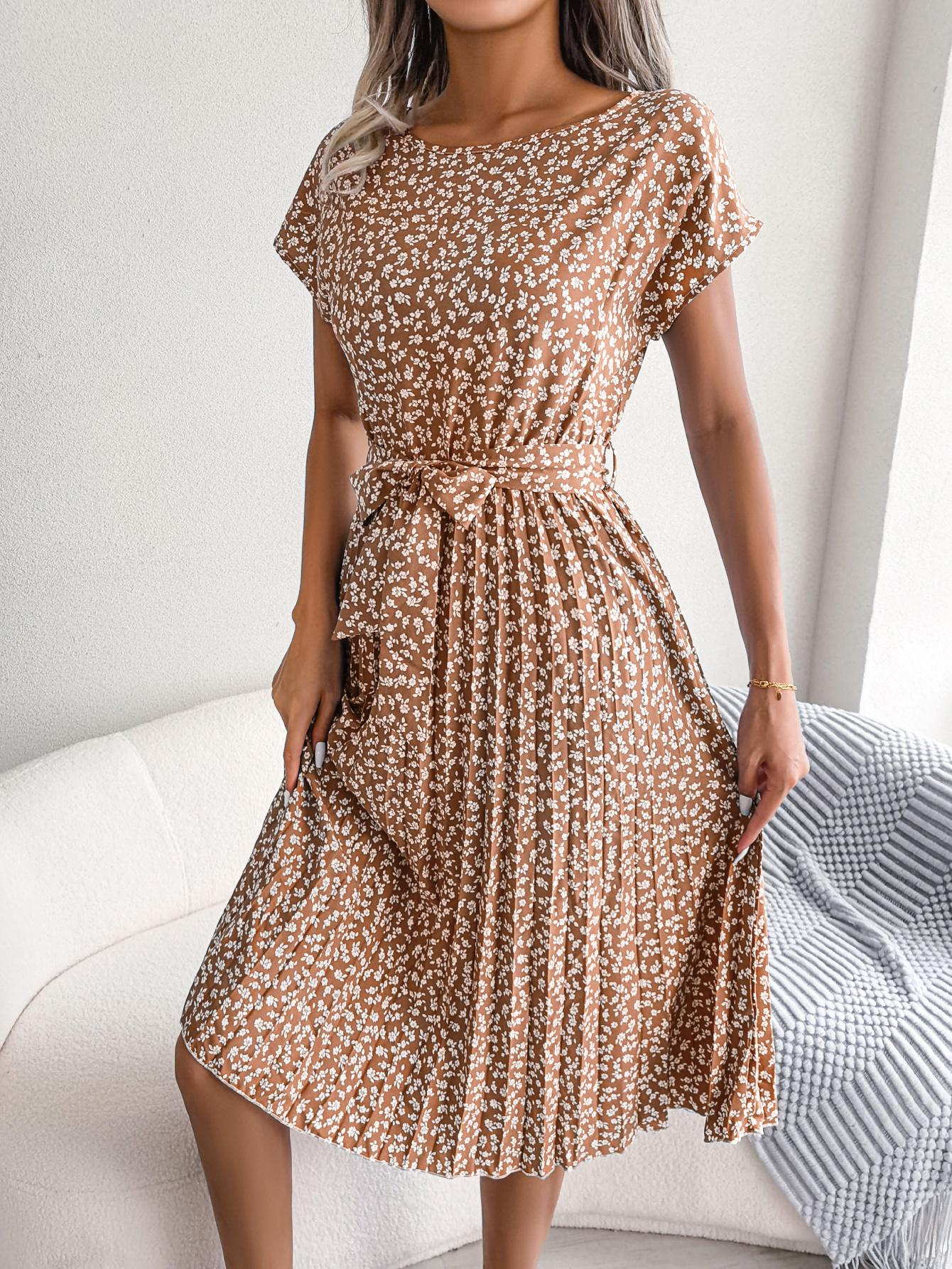 Women   Casual Short Sleeve Floral Print Flowy Pleated Skirt