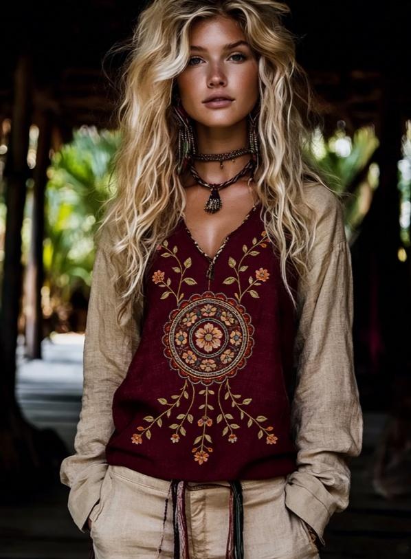 Ethnic Style V-neck Loose-fitting Long-sleeved Casual Pullover Top For Women