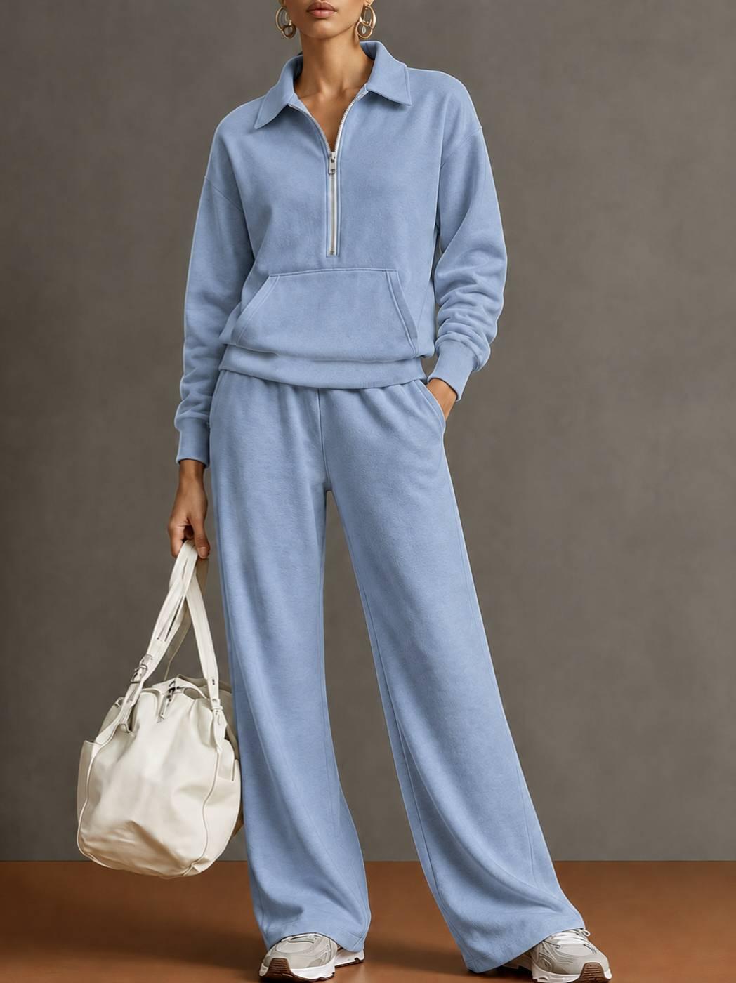 Womens Two-Piece Set Zip-Up Sweatshirt And Loose-Fitting Casual Wide-Leg Pants