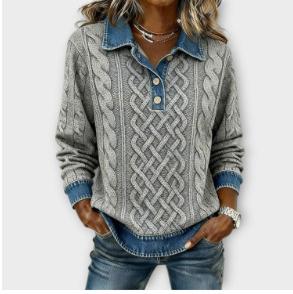 New AutumnWinter European And American Style Denim Patchwork Turn-Down Collar Loose Ribbed Sweater