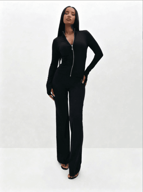 Black Half Zip Stand Up Collar Thumb Button Long Sleeved Top And High Waisted Slightly Flared Pants Two-piece Set