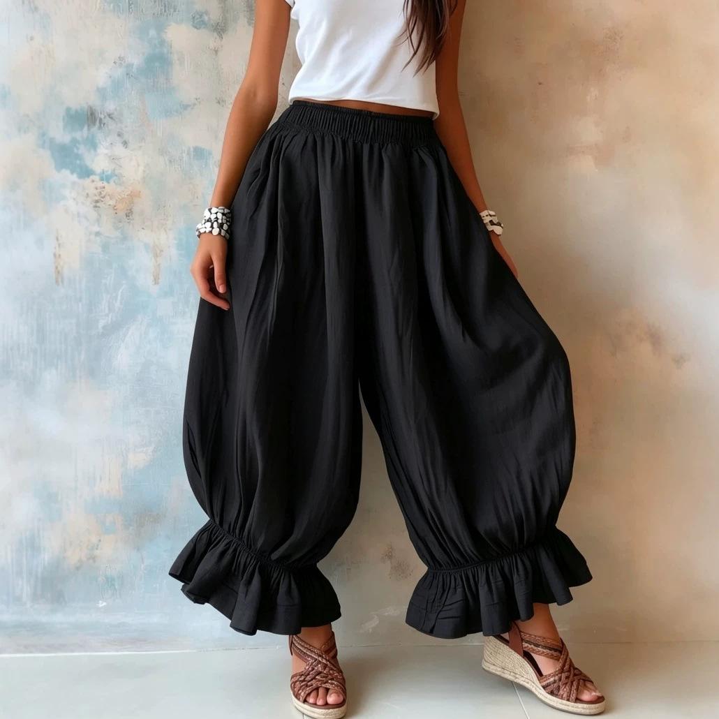 Loose Casual Cotton-linen Flared Pants With Ruffled Hems For Women