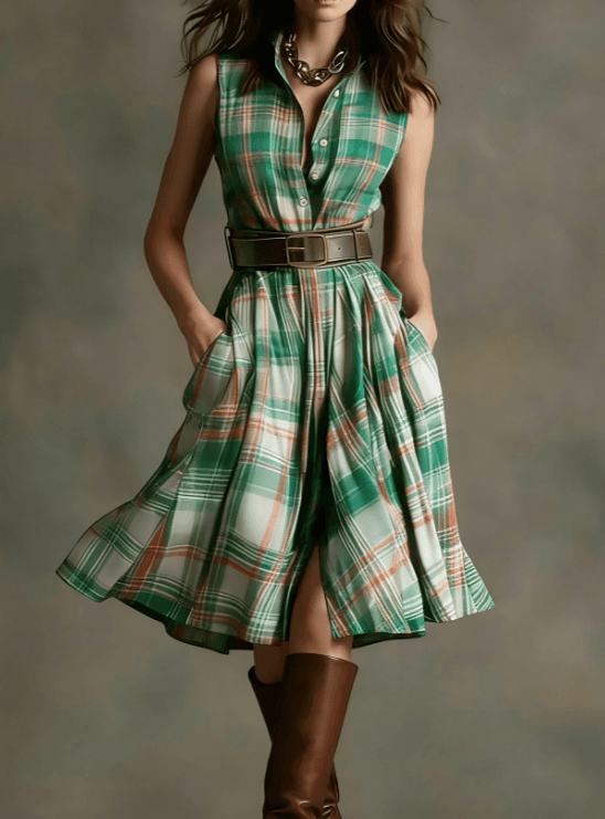 Plaid Collared Sleeveless Fitted Waist Dress