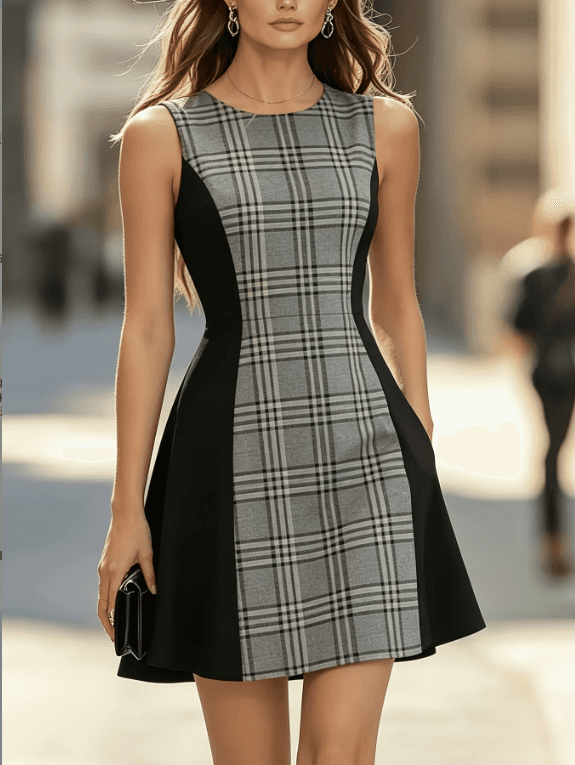 Grey Grid Collision Black Sleeveless Waist Cinched A-line Short Suit Dress