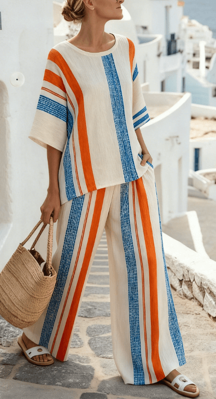 Summer Striped Suits Loose Batwing Sleeve T-shirt And Solid Straight-leg Pants
