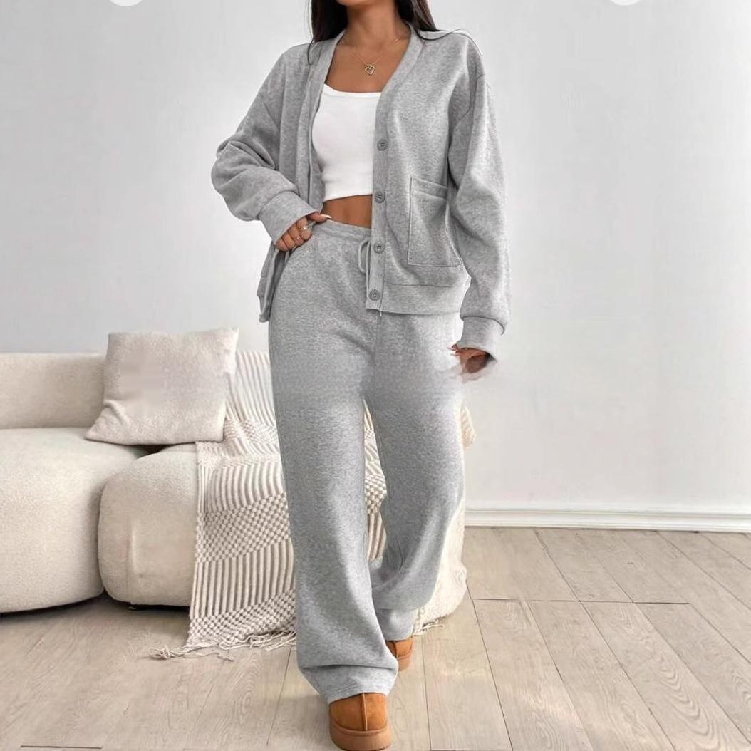 Autumn And Winter Women's Cardigan Jacket Wide Leg Pants Casual Suit