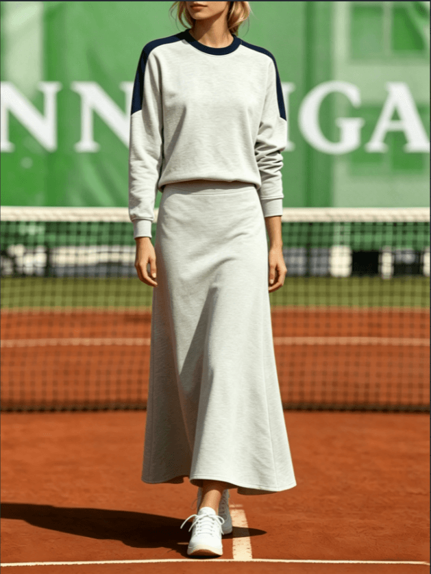 Raglan Color Block Crew Neck Sweatshirt And High Waist Flared Midi Skirt Two Piece Set