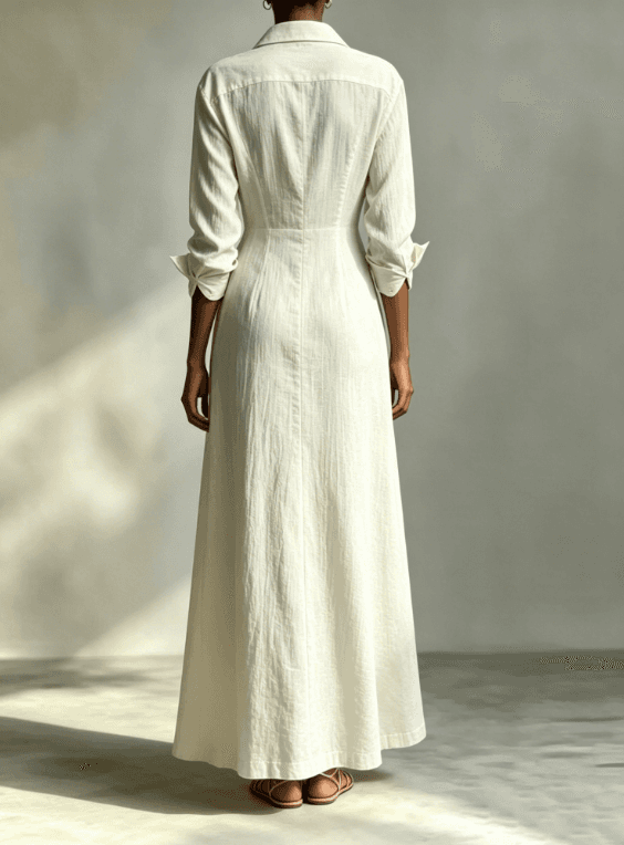 Rice White Texture Waist Cinched Slit Long Shirt Dress