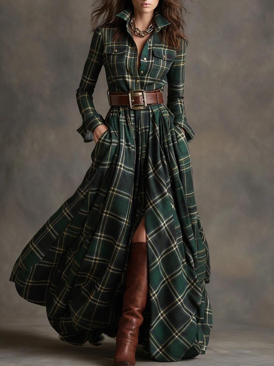 Ins Plaid Print Long-Sleeved Dress Fashion Pockets Collared Buttons Shirt Long Dresses Retro Women's Clothing