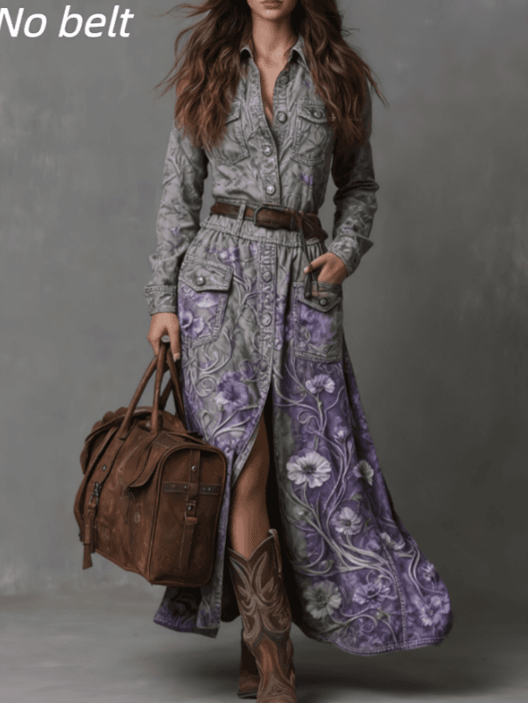Women's Printed Casual Lapel Slit Dress