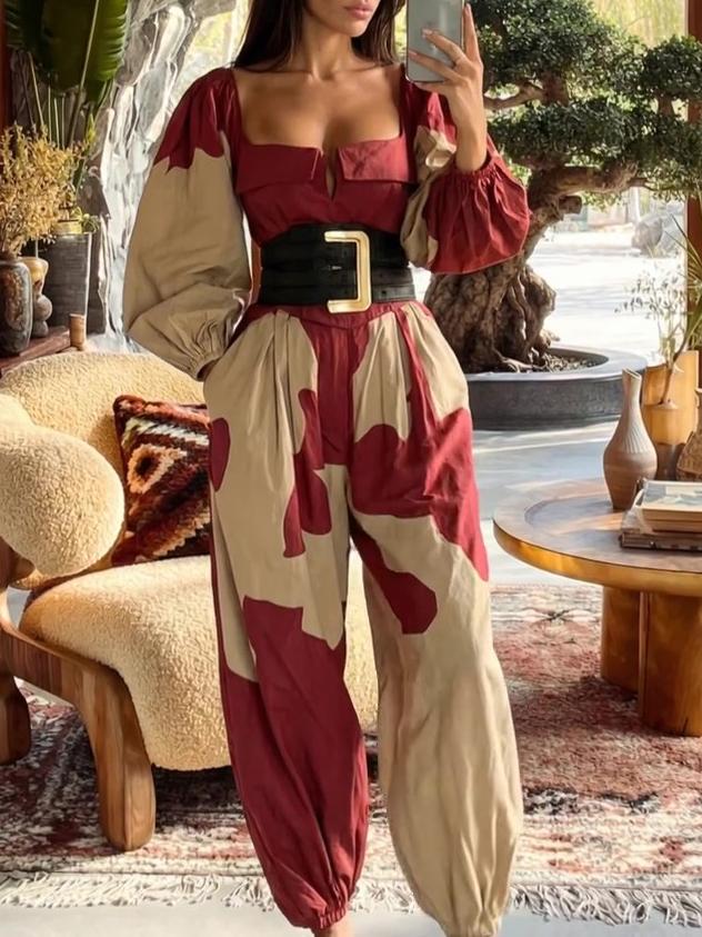 Red-Brown Colorblock Square Neck Puff-Sleeve Waist-Cinched Jumpsuit