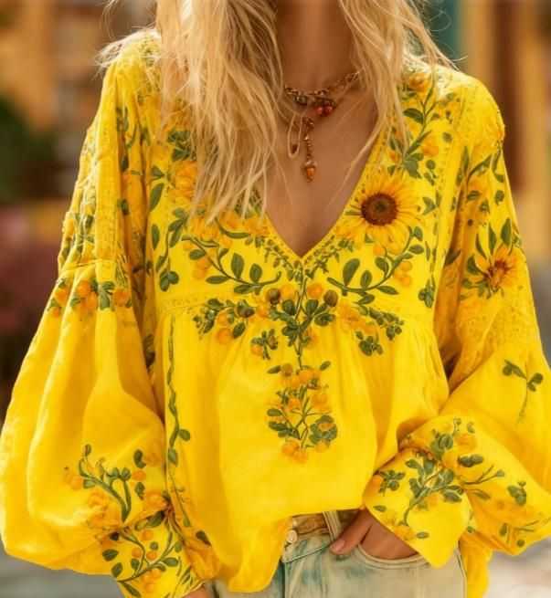 Floral Embroidery Casual V-neck Puff Sleeve Top