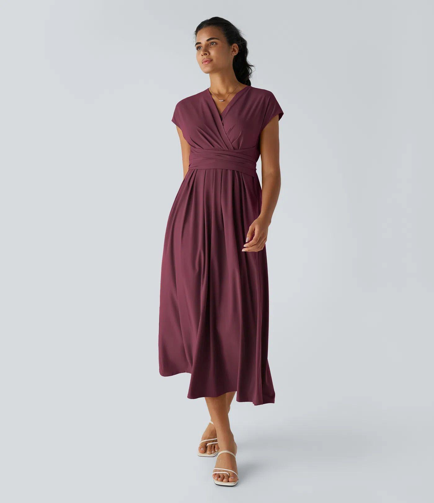 Solid Color Overlapping V-neck Short Sleeve Side Pocket Lace-up Quick-drying Mid-length Casual Dress