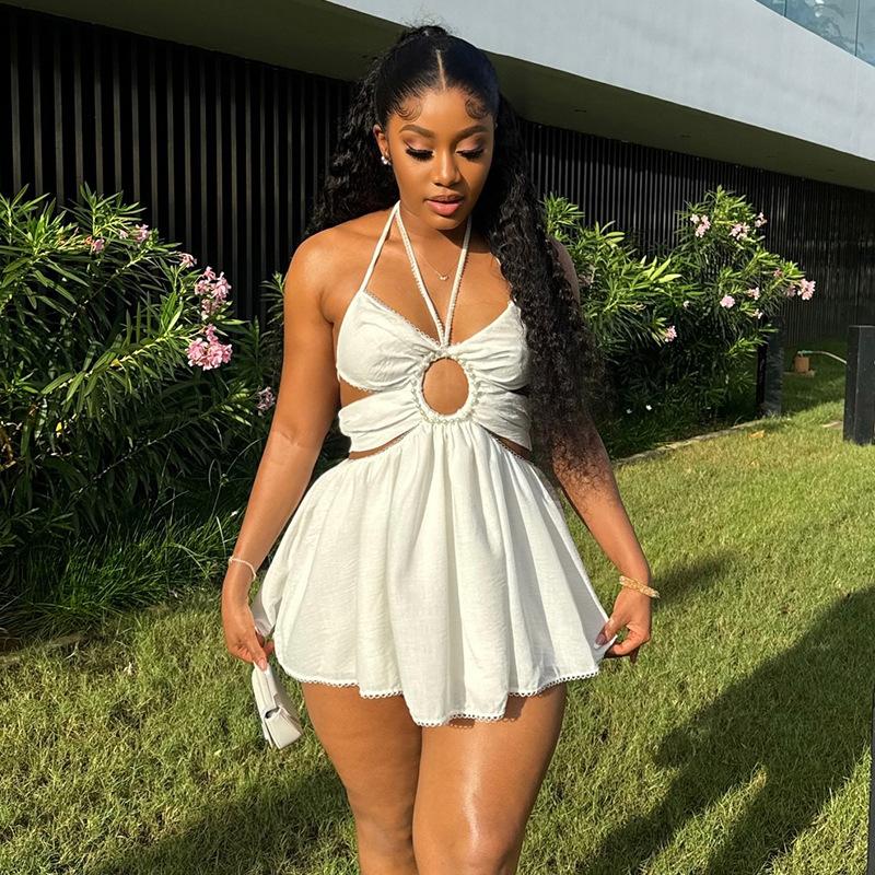 Halter Tether Beaded High Waist Dress