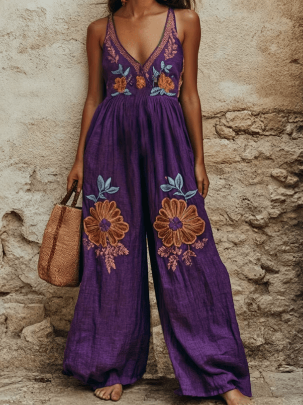 V-neck Embroidered Halter Wide-leg Jumpsuit, Women's Sleeveless Loose Long Jumpsuit