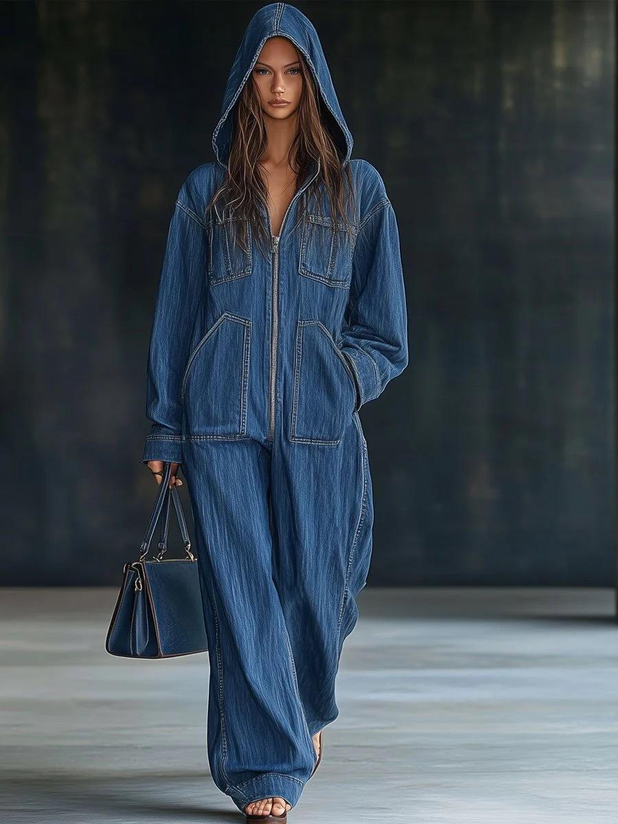 European And American Hooded Overall Jeans Women