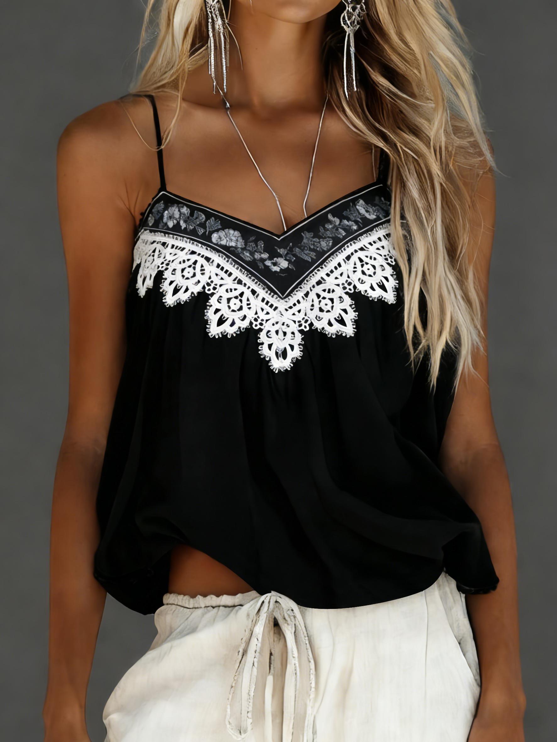 Women's Bohemian Retro Color Block Lace V-Neck Loose Camisole