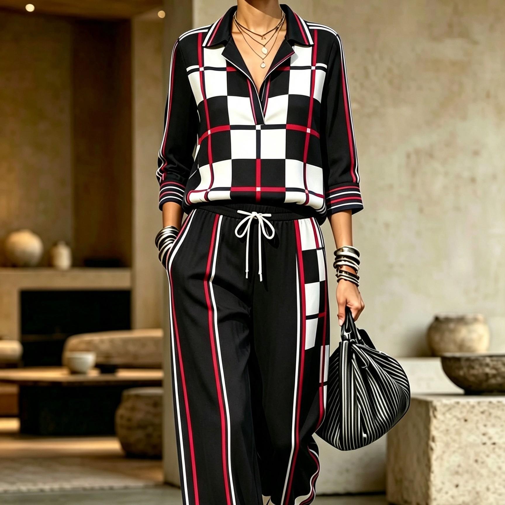 Womens Summer Lapel-Neck Cropped-Sleeve Set