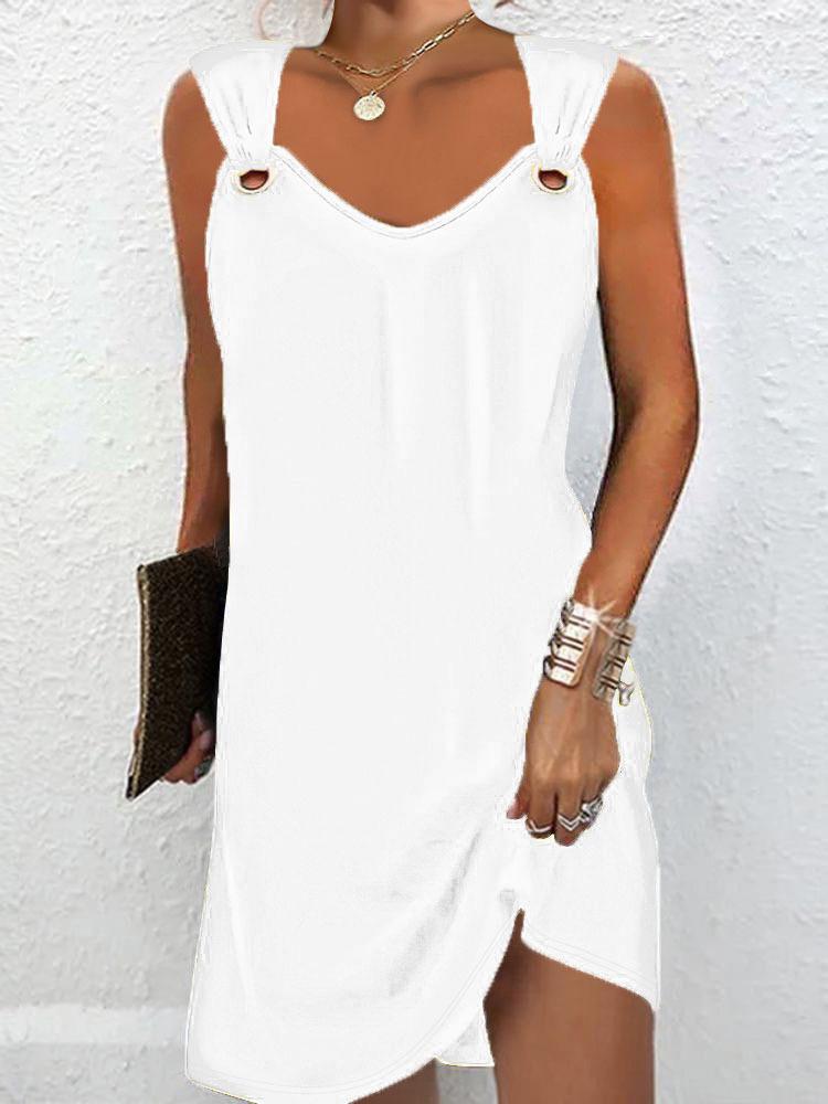 Women Spring Summer Minimalist Elegant Dress, Solid Color V Neck Sleeveless Dress With Metal Buttons